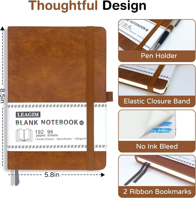 LEAGIM Blank Journal Notebook, A5, 192 Pages 100 GSM Thick Sketch Book for Women Men, Hardcover Leather Unlined Journaling for Work, Notebooks for Writing, 5.8 inches x 8.5 inches (Brown) - Image 3